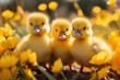 Three little ducklings between yellow flowers in nature outdoors