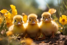 Three Little Ducklings Between Yellow Flowers In Nature Outdoors