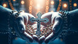 Hands clasping Christ's rosary, glowing cross, white skin, religious spirituality.