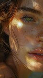 Fototapeta Uliczki - A close up of a woman with freckles on her face
