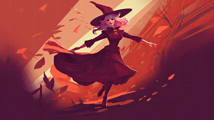 Illustration of a witch in halloween in maroon tones