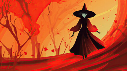 Illustration of a witch in halloween in red tones