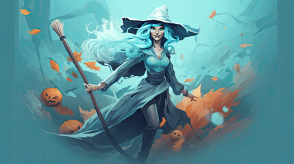 Illustration of a witch in halloween in light blue tones