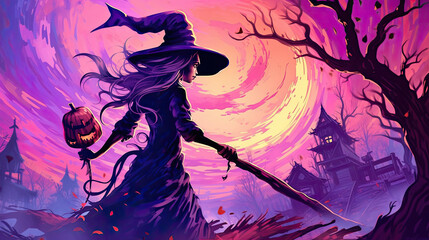 Illustration of a witch in halloween in light purple tones