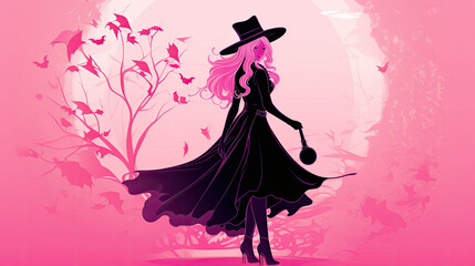 Wall Mural - Illustration of a witch in halloween in light pink tones