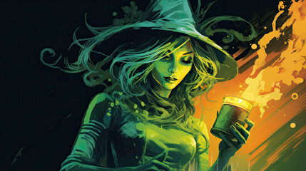 Illustration of a witch in halloween in vivid green tones