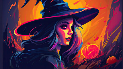 Wall Mural - Illustration of a witch in halloween in colorful tones