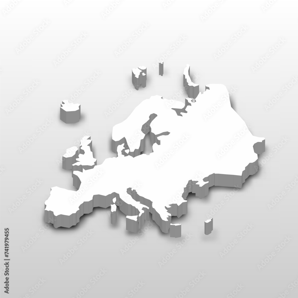 3D map of Europe continent. Extruded white vector map with dropped ...