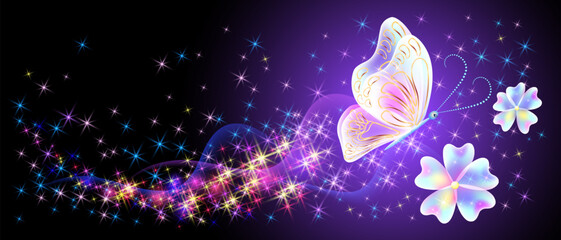Wall Mural - Flying delightful butterflies and flowers with sparkle and blazing trail flying in night sky among shiny glowing stars in cosmic space. Love and romance concept.