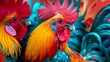 Creative animal concept. Rooster bird in a group, vibrant bright fashionable outfits. copy text space. birthday party invite invitation banner