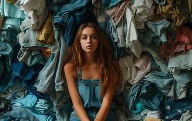 Wall Mural - A young girl is overwhelmed with a pile of clothes. Overconsumption problem concept