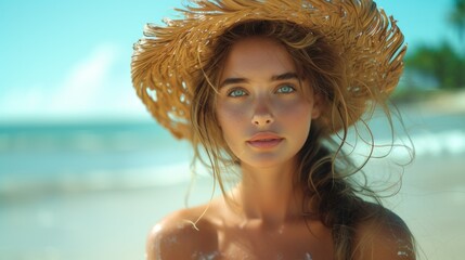 Poster - Portrait of beautiful young girl in straw hat smiling on the beach.