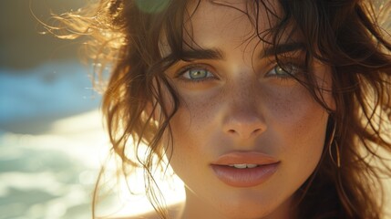 Wall Mural - Young girl with freckles in sunlight on the beach. Natural beauty close-up.