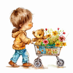 Wall Mural -  Painting of a little boy pushing a cart with flowers and a teddy bear