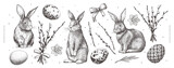 Fototapeta Pokój dzieciecy - Large set of Easter symbols on a light background. Cute rabbits, painted eggs and willow branches in an engraving style. Happy Easter. Vector illustration for spring holiday.
