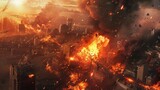 Elaborate destruction of a fictional city including fires, explosions, sinkholes, and a train derailment. Reflective of war, natural disasters fire, nuclear accidents, terrorism, or meteorite impact