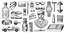 A Man Surrounded By Men 's Accessories. Gentleman, Hipster Or Businessman, Victorian Era. Watches And Cigars, Whiskey And Clothes, Razor And Perfume, Boots And Glasses. Engraved Hand Drawn Vintage. 