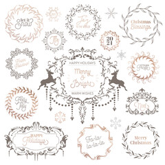Sticker - Winter Vintage Wreath, Christmas Calligraphic typography, New year labels, badges Design Elements