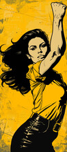 Vintage Poster Of A Female Leader With Her Fist Raised. Concept Of Fighting For Equality, Feminism. Feminine Power. Yellow And Black