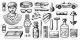 Fototapeta Dinusie - A Man Surrounded By Men 's Accessories. Gentleman, hipster or businessman, victorian era. watches and cigars, whiskey and clothes, razor and perfume, boots and glasses. Engraved hand drawn vintage. 