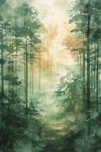 Nature's Tranquility On Your Desktop: Abstract Watercolor Forest Landscape In Layered Green And Brown Tones