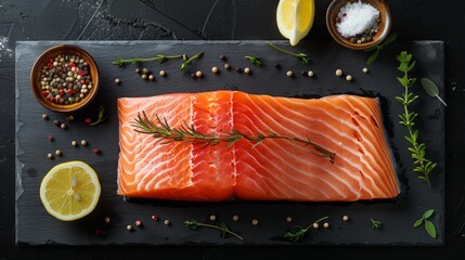 Wall Mural - Salmon. Fresh raw salmon fish fillet with cooking ingredients, herbs and lemon on black background, top view