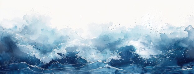 Wall Mural - Ocean's Majesty in Watercolor: Dynamic Waves in Blue and White Abstract Art for Desktop