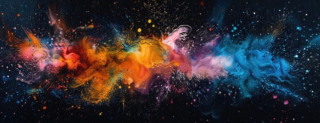 Wall Mural - Artistic Explosion: Colorful Watercolor Splashes on a Black Canvas for Bold Desktop Wallpaper