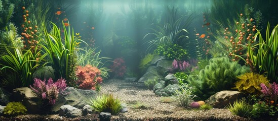 the aquarium is teeming with a variety of plants and rocks, creating a vibrant and dynamic underwate