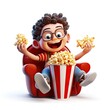 3D cartoon illustration of a person at the cinema with popcorn