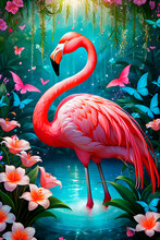 Pattern Of A Flamingo In The Middle Of Tropical Lakes In Bright Colors.