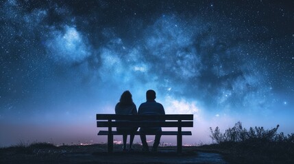 Couple sits on bench gazing at starry night sky, Ai Generated.