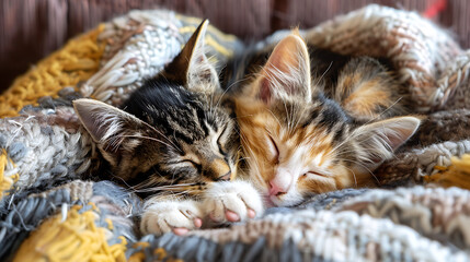 two kittens are sleeping together in a blanket on a bed together