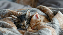 Two Kittens Are Sleeping Together In A Blanket On A Bed Together