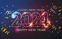 Happy New Year Illustration With Neon Lights Dark Background