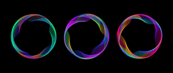 Wall Mural - neon iridescent dotted gradient circle set. green, purple, red glow round tech frame collection. cur