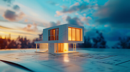 Wall Mural - a model house on top of a blueprint with a lit window