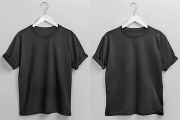 Wall Mural - Two identical black t-shirts are neatly displayed by hanging on a white wall, creating a simple and clean aesthetic with copy space