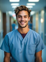 Poster - Portrait of smiling young caucasian guy as nurse on scrubs uniform in a hospital background from Generative AI