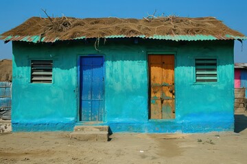 a blue farmhouse with dirt floor and two doors, in the style of indian pop culture