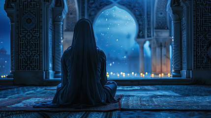 muslim woman praying in mosque with night star view in background, Festive greeting card, invitation for Muslim holy month Ramadan Kareem.