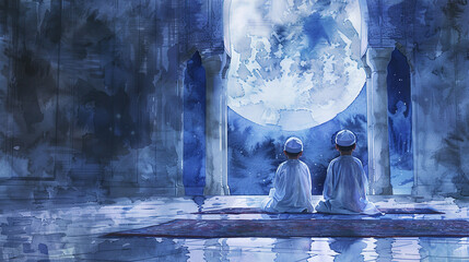 Wall Mural - muslim kids praying in mosque on praying mat with moon light in background, Festive greeting card, invitation for Muslim holy month Ramadan Kareem.