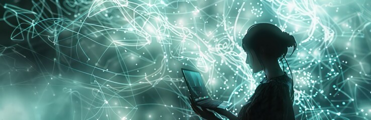 Sticker -  woman is holding a laptop at the computer with an electronic abstract overlay,  artificial environments, light cyan and gray, intertwined networks