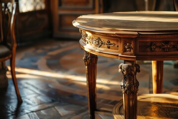 ornate side table with two legs, in the style of high detail, brown