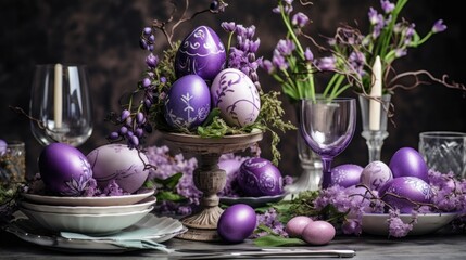  Traditional Easter colored eggs. The table is set for the holiday in purple tones. napkin and plate with treats.