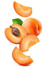 Poster - Apricot isolated. Apricot whole, half and slice are flying on white background. Apric with leaves. Falling fruit. Full depth of field.