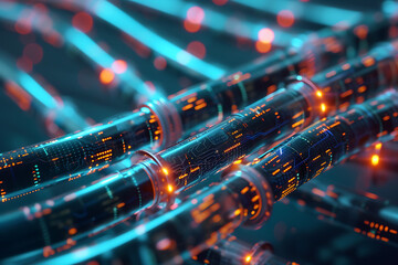 Glowing data cables transferring information as a technology background, with bokeh light effect