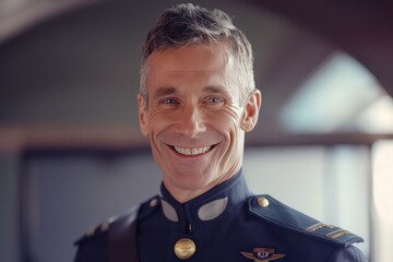 police officer smiling military man in uniform, in the style of light indigo and light gray