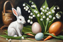 White Bunny With Carrots, Easter Eggs And Lily-of-the-Valley Flowers Easter Illustration 