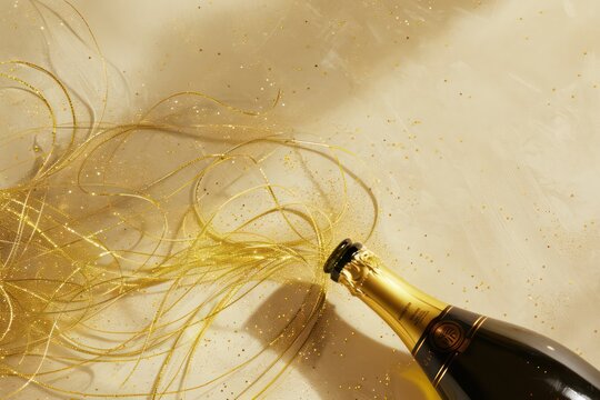 gold string and sparkly glitter around champagne bottle on beige table